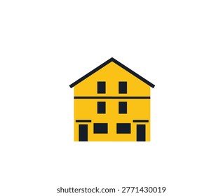 Simple flat vector icon of a yellow twostory house with a gabled roof and two front doors