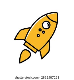 A simple flat vector icon of a yellow rocket ship flying upwards isolated on a white background