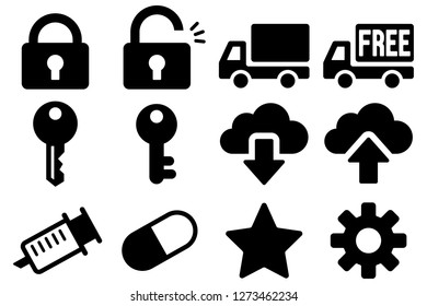 Simple flat vector icons set on white background (key truck cloud medicine syringe etc.)