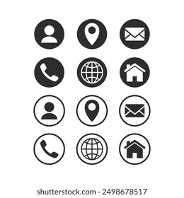 Simple flat vector icons set on white background, User, Location, Mail, Call, Web, Home icon. Editable icon set.