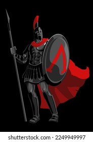 Simple flat vector illustration of ancient spartan warrior wearing armor and red cloak