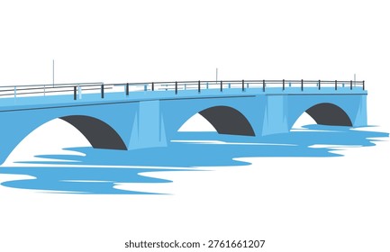 Simple flat vector illustration of an arched bridge spanning across calm water with stylized ripples. Infrastructure and architecture concept.