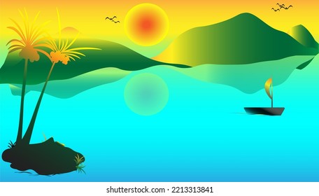 Simple Flat Vector Illustration, Simple Background Sunset, Lanscape, Summer, Abstract, Background, Vector, Hawaii, Art