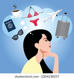 Simple flat vector illustration of Beautiful woman day dreaming about traveling vacation
