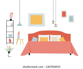 Simple Flat Vector Illustration Of A Bedroom With A Double Bed, A Shelf With Things, A Table And Potted Plants And Three Hanging Lamps On White Background