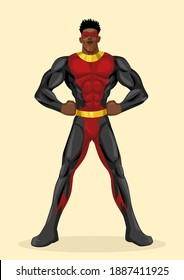 Simple flat vector illustration of a black superhero, cartoon, comic, action figure