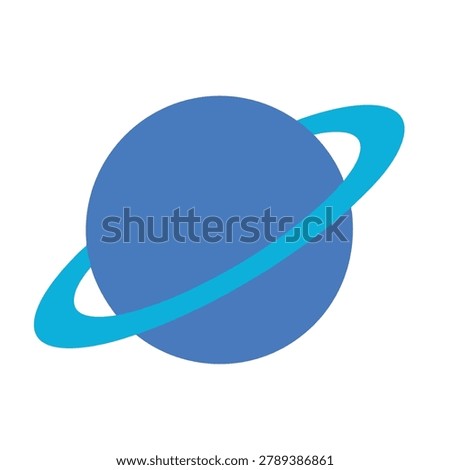A simple flat vector illustration of a blue planet featuring a surrounding ring isolated on a white background