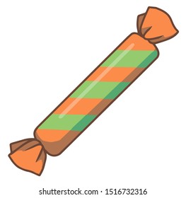 Simple flat vector illustration with bold outlines of single traditional orange and green colored striped Halloween candy in wrapping