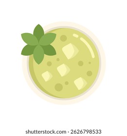Simple flat vector illustration of a bowl of green vegetable soup with fresh herbs, shown from above