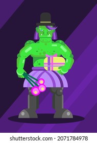 A simple flat vector illustration of bright green male purple haired ogre with flower bouquet dressed in purple skirt and black tall hat. Design for greeting and lover cards and birthday invitations.