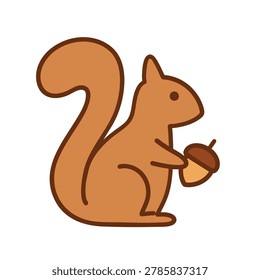 A simple flat vector illustration of a brown squirrel holding an acorn in its paws on a white background