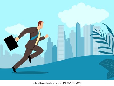 Simple flat vector illustration of a businessman running with briefcase, business, energetic, dynamic concept