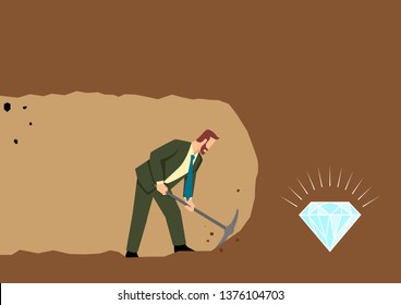 Simple flat vector illustration of a businessman digging and mining to find treasure