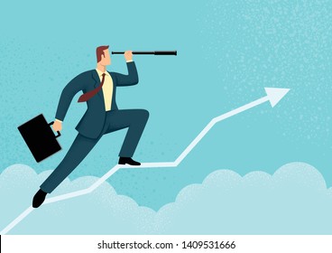 Simple flat vector illustration of a businessman using telescope on graphic chart. Concept for forecast, prediction, success, planning in business