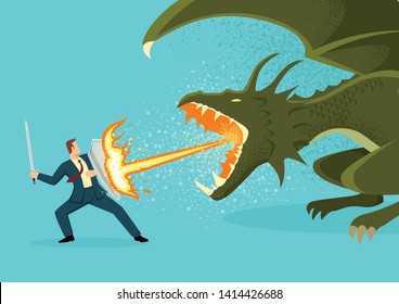 Simple flat vector illustration of a businessman fighting a dragon. Risk, courage, leadership in business concept