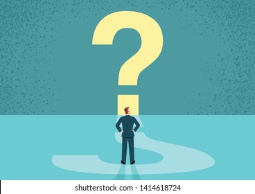 Simple flat vector illustration of a businessman looking at big question mark