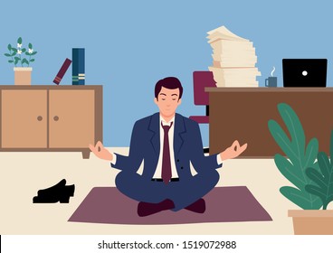 Simple flat vector illustration of a businessman doing yoga in office