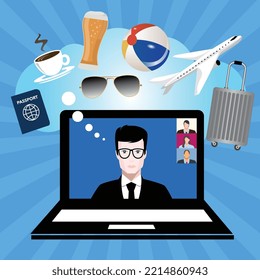 Simple flat vector illustration of businessman daydreaming about holiday during video conference