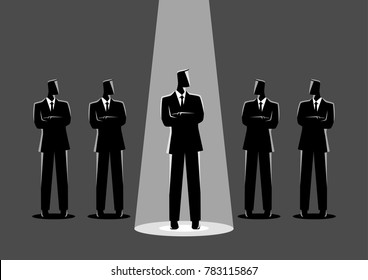 Simple flat vector illustration of a businessman being spotlighted among other businessmen. Stand out from the crowd, promotion, chosen, career, business concept