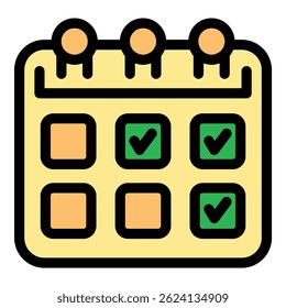 Simple flat vector illustration of a calendar showing check marks for appointments