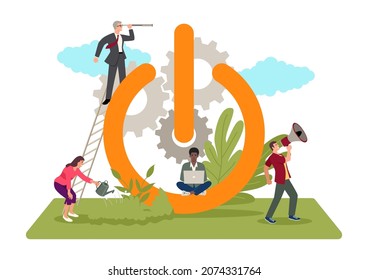 Simple ilustración vectorial plana de empresarios casuales lleva a cabo actividades para mejorar el rendimiento en el símbolo de botón gigante, símbolo de negocio de puesta en marcha