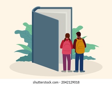Simple flat vector illustration of children looking inside a giant book
