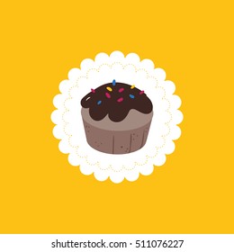 Simple flat vector illustration of the chocolate muffin on round paper ornament arranged on yellow background.
Sweet design element. 
