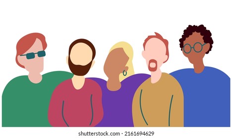 simple flat vector illustration of a company of five young people, men with glasses and beards, standing together, hugging each other on their shoulders, with no faces, advertising image