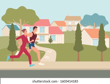 Simple flat vector illustration of couple jogging and running outdoors in neighborhood