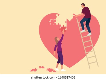 Simple flat vector illustration of  couple assembling heart symbol made from puzzle, Valentine’s day concept