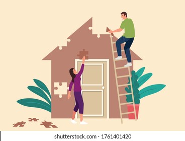 Simple flat vector illustration of couple building a house made from puzzle pieces