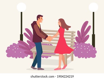 Simple flat vector illustration of couple holding hands in the park