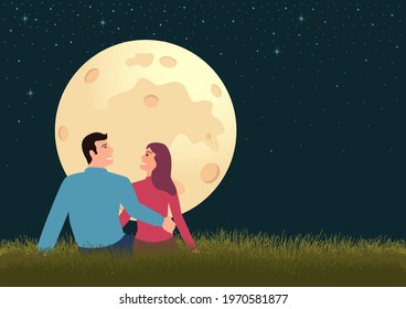 Simple flat vector illustration of couple sitting on grass during full moon