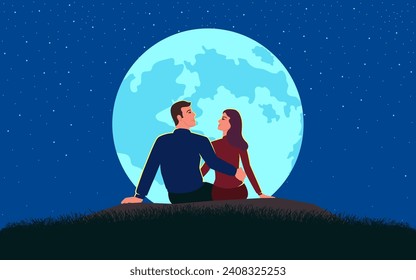 Simple flat vector illustration of couple sitting on the grass field during the full moon