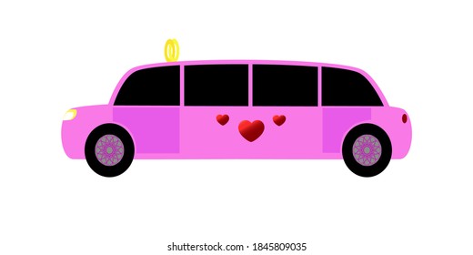 Simple flat vector illustration of cute pink limousine for marriage selebration