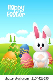 Simple flat vector illustration of a cute bunny with Easter eggs on grass field