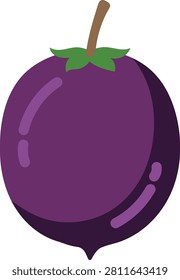 A simple flat vector illustration of a dark purple hackberry fruit with a brown stem and small green leaves, featuring stylized light reflections and a subtle shadow to create a clean, modern digital aesthetic