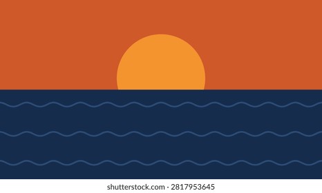 A simple flat vector illustration depicting a large orange sun descending into a dark blue sea with stylized wavy patterns under a warm terracotta sky.