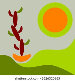 Simple flat vector illustration of desert landscape with cactus and rising morning sun on grey background, for printing on fabric and paper.