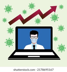 Simple flat vector illustration of Doctor reporting COVID-19 infections are increasing via video conference 