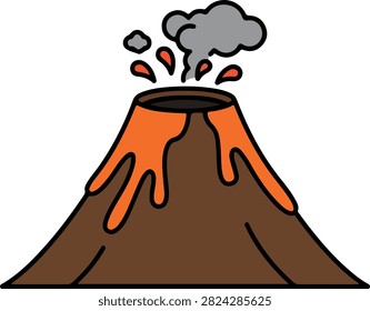 A simple flat vector illustration of an erupting volcano with orange lava and grey smoke clouds.