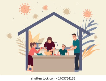 Simple flat vector illustration of family stay at home doing daily activity together.  Quarantine or self isolation during covid-19 pandemic