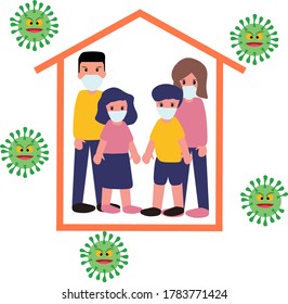 Simple Flat Vector Illustration of A Family Wearing Face Mask and Staying At Home Quarantine Protecting From Coronavirus Covid-19 Pandemic Outbreak Disease. Family Stay At Home Quarantine Concept.