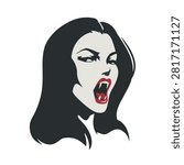 Simple flat vector illustration of a female vampire portrait with pale skin, black hair, red lips. Isolated Halloween horror character icon on a white background.