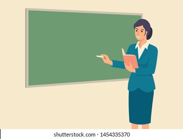 Simple flat vector illustration of a female teacher teaching in front of the class room