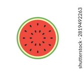 Simple Flat Vector Illustration of a Fresh Round Watermelon Slice Isolated on White Background