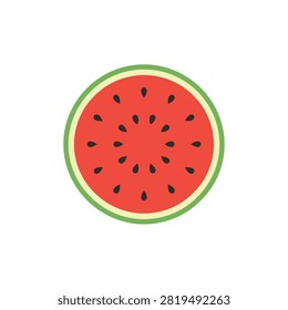 Simple Flat Vector Illustration of a Fresh Round Watermelon Slice Isolated on White Background