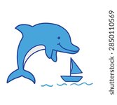 A simple flat vector illustration of a friendly blue dolphin leaping near a small toy sailboat on wavy water.