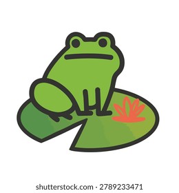 A simple flat vector illustration of a friendly green frog perched on a green lily pad featuring a small orange red water lily blossom