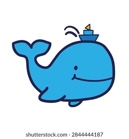 A simple flat vector illustration of a friendly blue whale with a tiny toy boat on its back against a white background